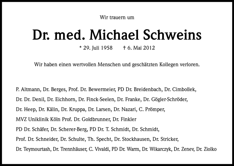  Traueranzeige für Michael Schweins vom 12.05.2012 aus Kölner Stadt-Anzeiger / Kölnische Rundschau / Express