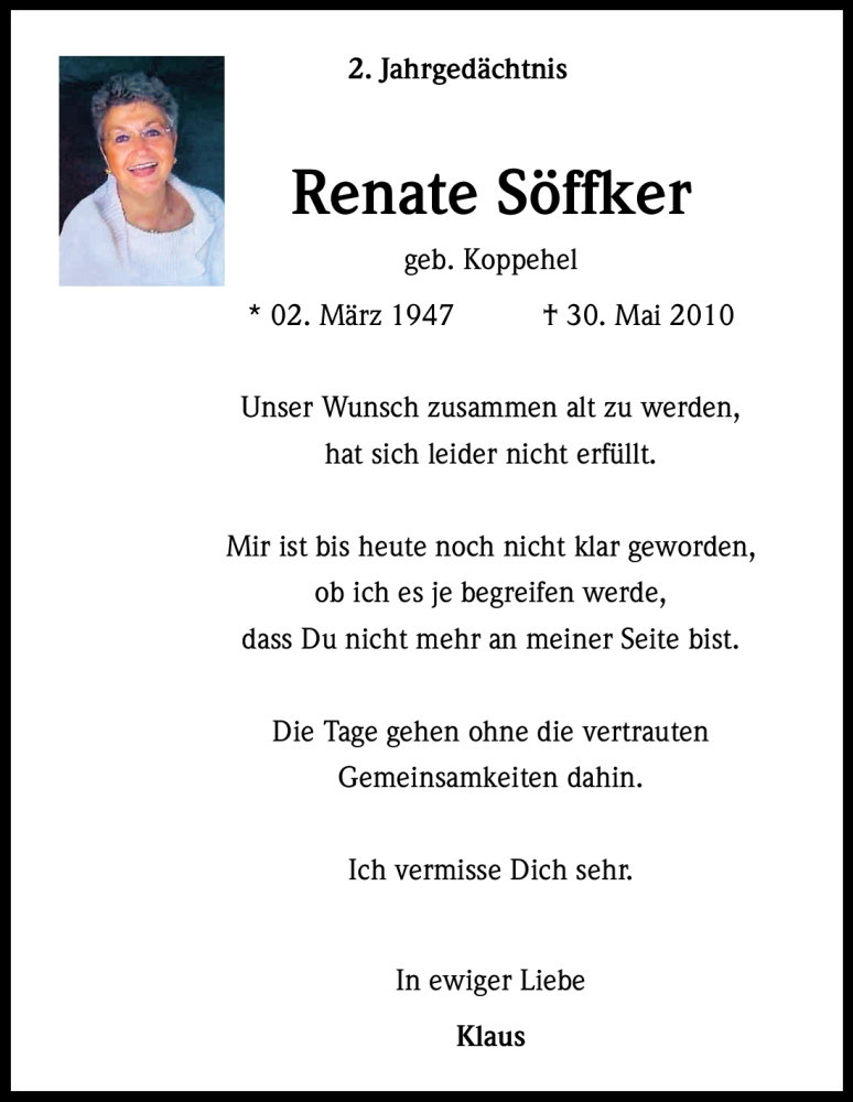  Traueranzeige für Renate Söffker vom 30.05.2012 aus Kölner Stadt-Anzeiger / Kölnische Rundschau / Express
