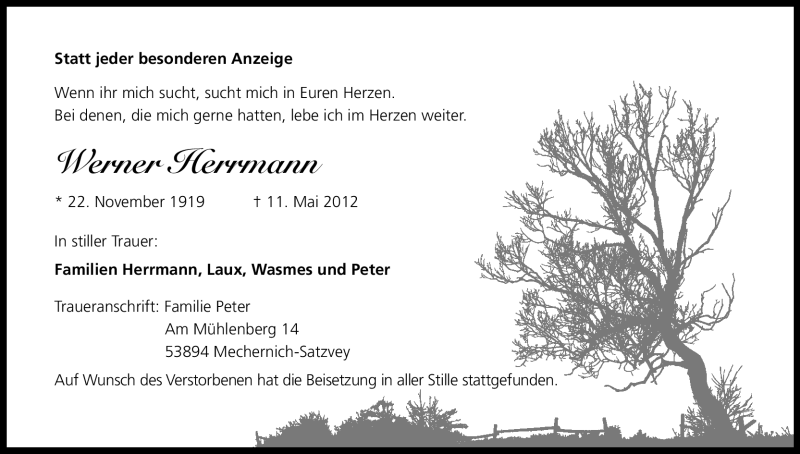  Traueranzeige für Werner Herrmann vom 26.05.2012 aus Kölner Stadt-Anzeiger / Kölnische Rundschau / Express