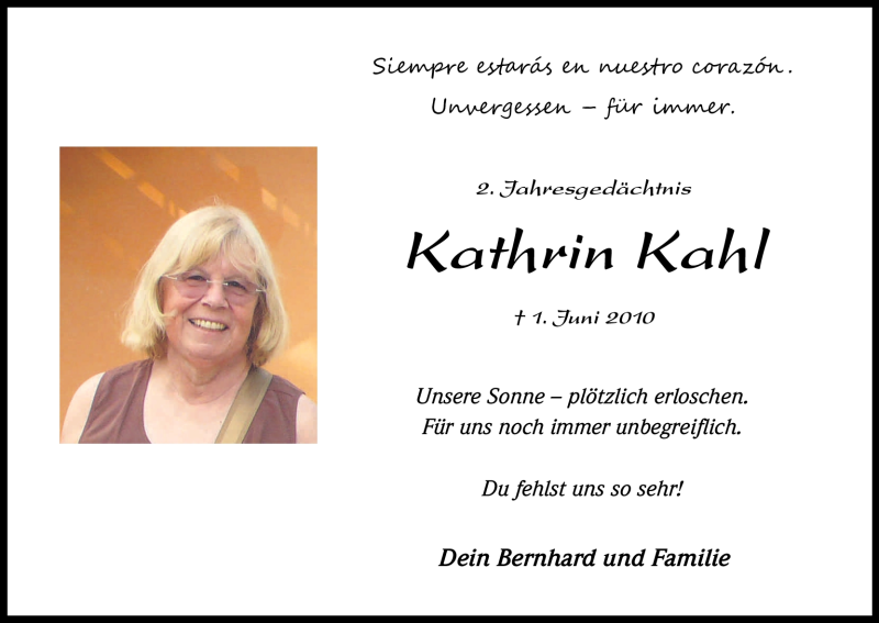  Traueranzeige für Kathrin Kahl vom 01.06.2012 aus Kölner Stadt-Anzeiger / Kölnische Rundschau / Express