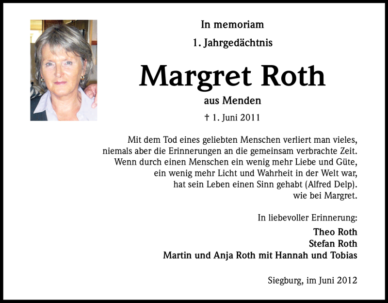  Traueranzeige für Margret Roth vom 01.06.2012 aus Kölner Stadt-Anzeiger / Kölnische Rundschau / Express