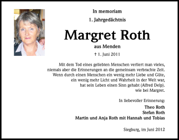 Anzeige von Margret Roth von Kölner Stadt-Anzeiger / Kölnische Rundschau / Express