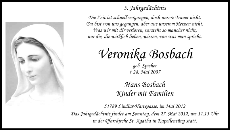  Traueranzeige für Veronika Bosbach vom 19.05.2012 aus Kölner Stadt-Anzeiger / Kölnische Rundschau / Express