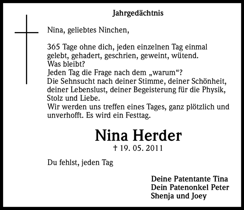  Traueranzeige für Nina Herder vom 19.05.2012 aus Kölner Stadt-Anzeiger / Kölnische Rundschau / Express