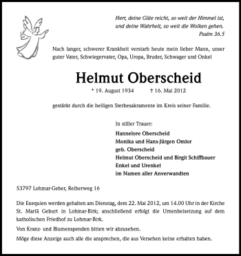 Anzeige von Helmut Oberscheid von Kölner Stadt-Anzeiger / Kölnische Rundschau / Express