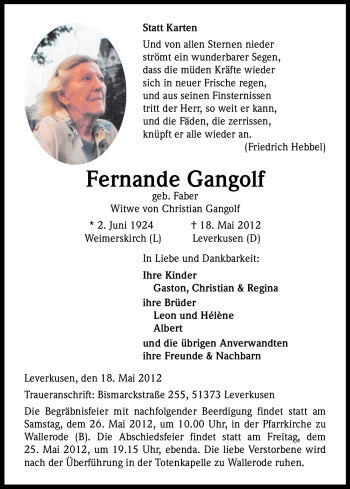 Anzeige von Fernande Gangolf von Kölner Stadt-Anzeiger / Kölnische Rundschau / Express