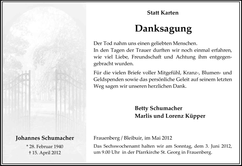  Traueranzeige für Johannes Schumacher vom 30.05.2012 aus Kölner Stadt-Anzeiger / Kölnische Rundschau / Express