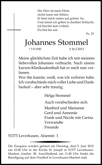 Anzeige von Johannes Stommel von Kölner Stadt-Anzeiger / Kölnische Rundschau / Express