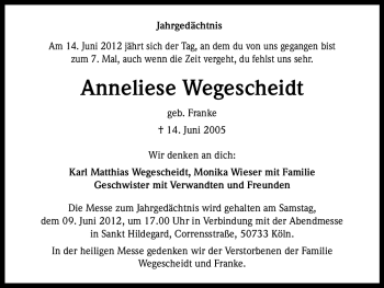 Anzeige von Anneliese Wegescheidt von Kölner Stadt-Anzeiger / Kölnische Rundschau / Express