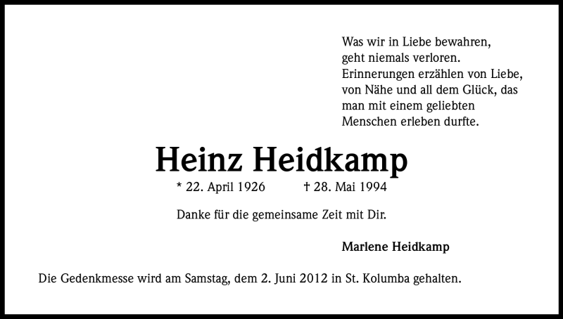  Traueranzeige für Heinz Heidkamp vom 02.06.2012 aus Kölner Stadt-Anzeiger / Kölnische Rundschau / Express