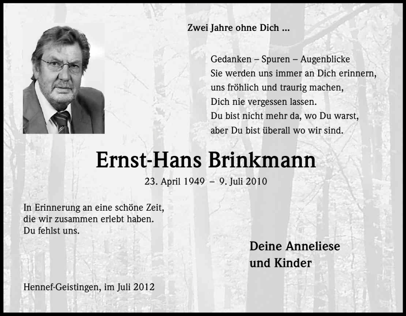  Traueranzeige für Ernst-Hans Brinkmann vom 07.07.2012 aus Kölner Stadt-Anzeiger / Kölnische Rundschau / Express