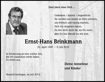 Anzeige von Ernst-Hans Brinkmann von Kölner Stadt-Anzeiger / Kölnische Rundschau / Express