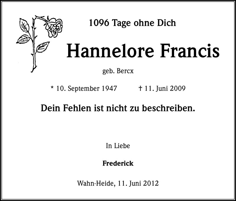  Traueranzeige für Hannelore Francis vom 11.06.2012 aus Kölner Stadt-Anzeiger / Kölnische Rundschau / Express