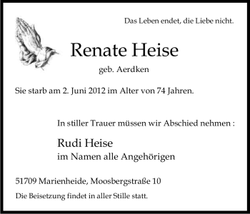Anzeige von Renate Heise von Kölner Stadt-Anzeiger / Kölnische Rundschau / Express