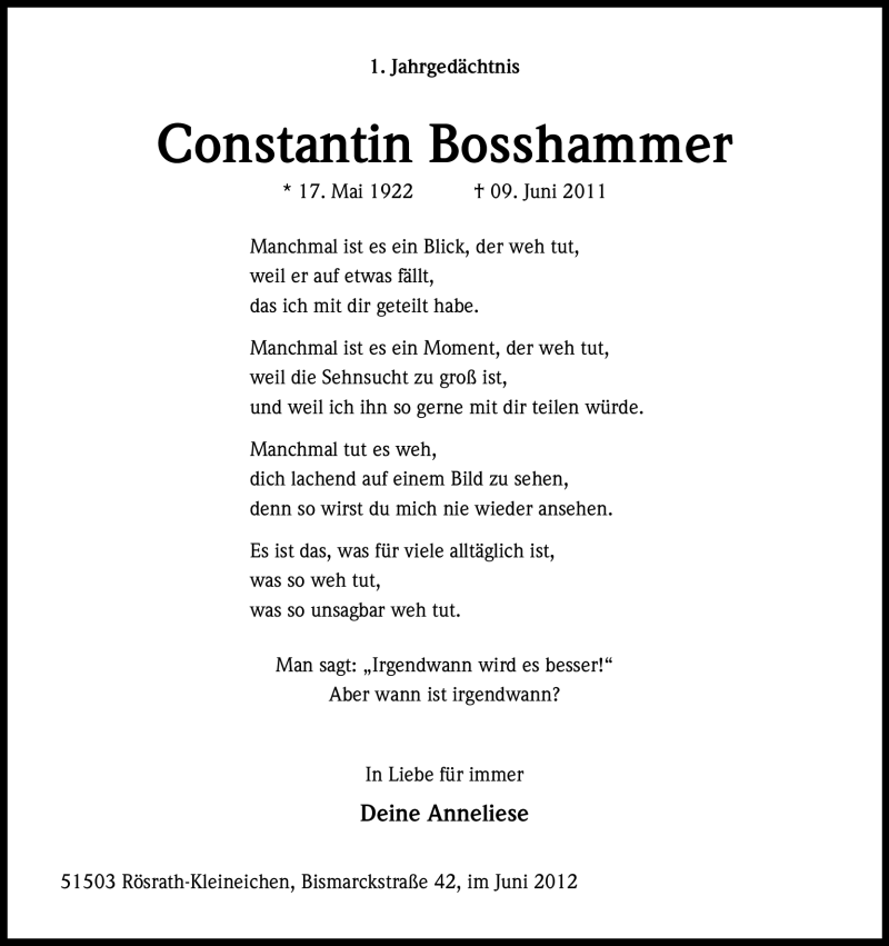  Traueranzeige für Constantin Bosshammer vom 09.06.2012 aus Kölner Stadt-Anzeiger / Kölnische Rundschau / Express