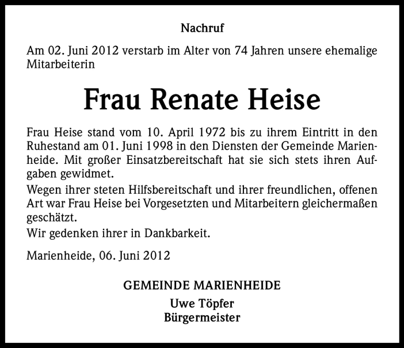  Traueranzeige für Renate Heise vom 07.06.2012 aus Kölner Stadt-Anzeiger / Kölnische Rundschau / Express