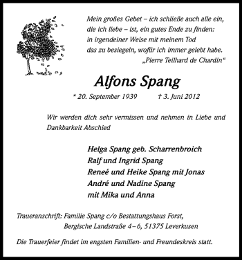 Anzeige von Alfons Spang von Kölner Stadt-Anzeiger / Kölnische Rundschau / Express