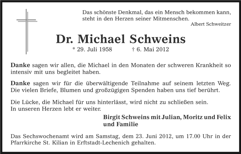  Traueranzeige für Michael Schweins vom 16.06.2012 aus Kölner Stadt-Anzeiger / Kölnische Rundschau / Express