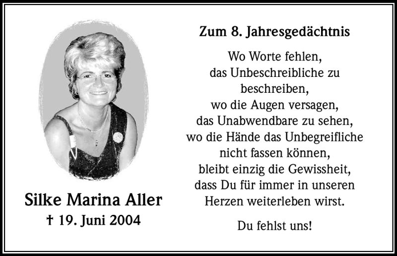  Traueranzeige für Silke Marina Aller vom 19.06.2012 aus Kölner Stadt-Anzeiger / Kölnische Rundschau / Express