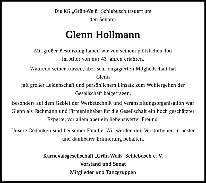  Traueranzeige für Glenn Hollmann vom 15.06.2012 aus Kölner Stadt-Anzeiger / Kölnische Rundschau / Express