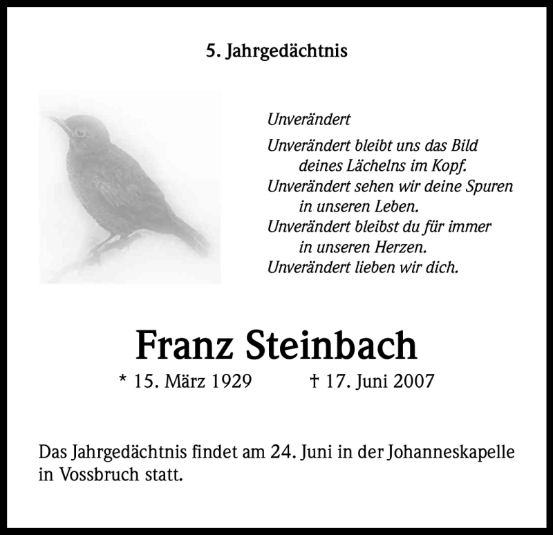  Traueranzeige für Franz Steinbach vom 16.06.2012 aus Kölner Stadt-Anzeiger / Kölnische Rundschau / Express