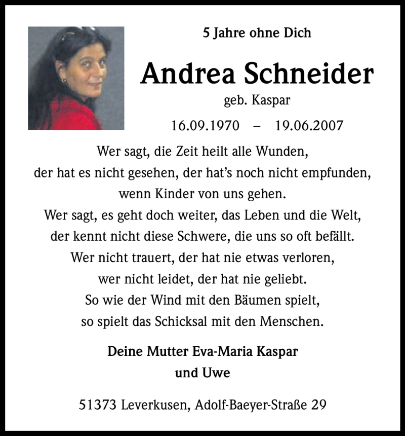  Traueranzeige für Andrea Schneider vom 19.06.2012 aus Kölner Stadt-Anzeiger / Kölnische Rundschau / Express