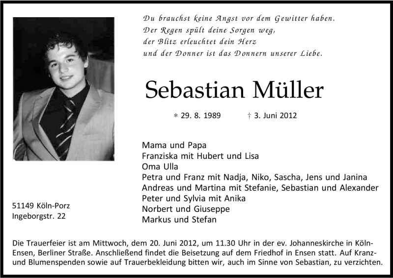  Traueranzeige für Sebastian Müller vom 16.06.2012 aus Kölner Stadt-Anzeiger / Kölnische Rundschau / Express