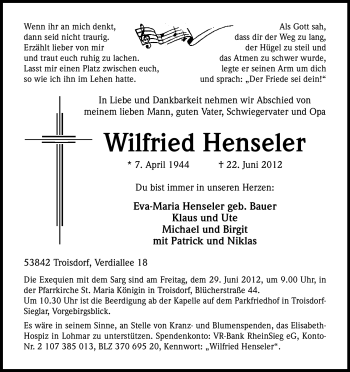 Anzeige von Wilfried Henseler von Kölner Stadt-Anzeiger / Kölnische Rundschau / Express