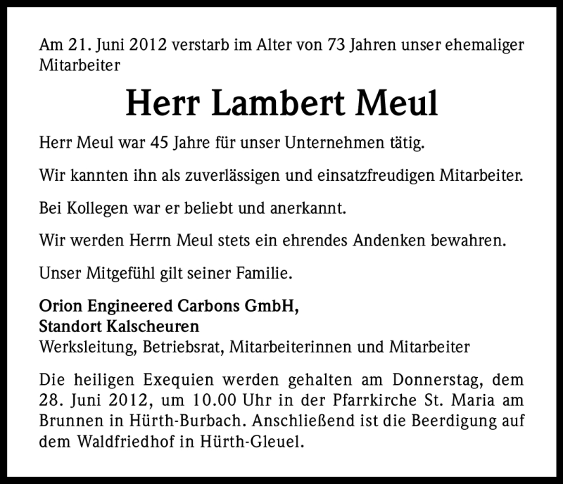  Traueranzeige für Lambert Meul vom 27.06.2012 aus Kölner Stadt-Anzeiger / Kölnische Rundschau / Express