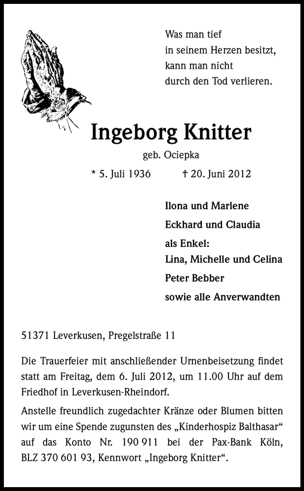  Traueranzeige für Ingeborg Knitter vom 30.06.2012 aus Kölner Stadt-Anzeiger / Kölnische Rundschau / Express