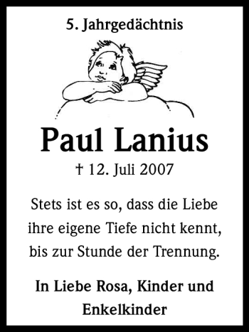 Anzeige von Paul Lanius von Kölner Stadt-Anzeiger / Kölnische Rundschau / Express