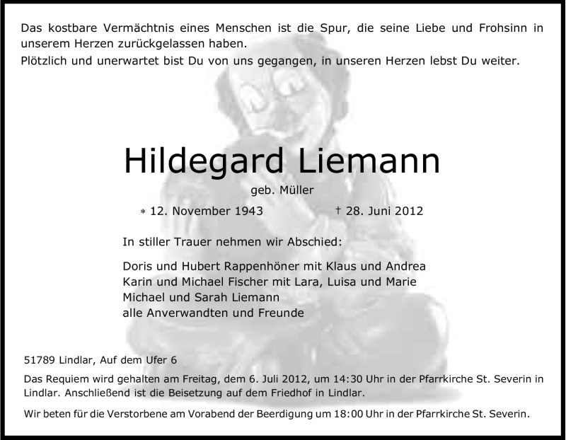  Traueranzeige für Hildegard Liemann vom 04.07.2012 aus Kölner Stadt-Anzeiger / Kölnische Rundschau / Express