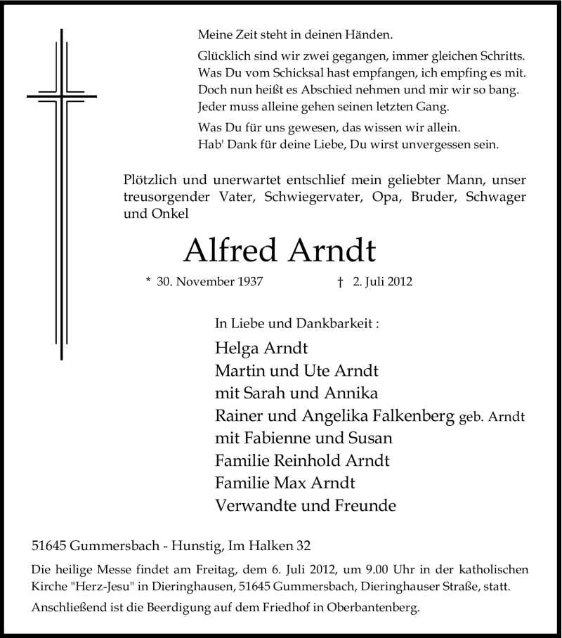  Traueranzeige für Alfred Arndt vom 05.07.2012 aus Kölner Stadt-Anzeiger / Kölnische Rundschau / Express