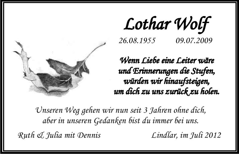  Traueranzeige für Lothar Wolf vom 09.07.2012 aus Kölner Stadt-Anzeiger / Kölnische Rundschau / Express