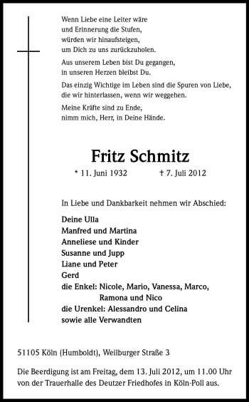 Anzeige von Fritz Schmitz von Kölner Stadt-Anzeiger / Kölnische Rundschau / Express