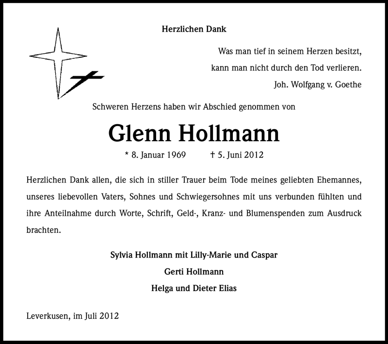  Traueranzeige für Glenn Hollmann vom 14.07.2012 aus Kölner Stadt-Anzeiger / Kölnische Rundschau / Express