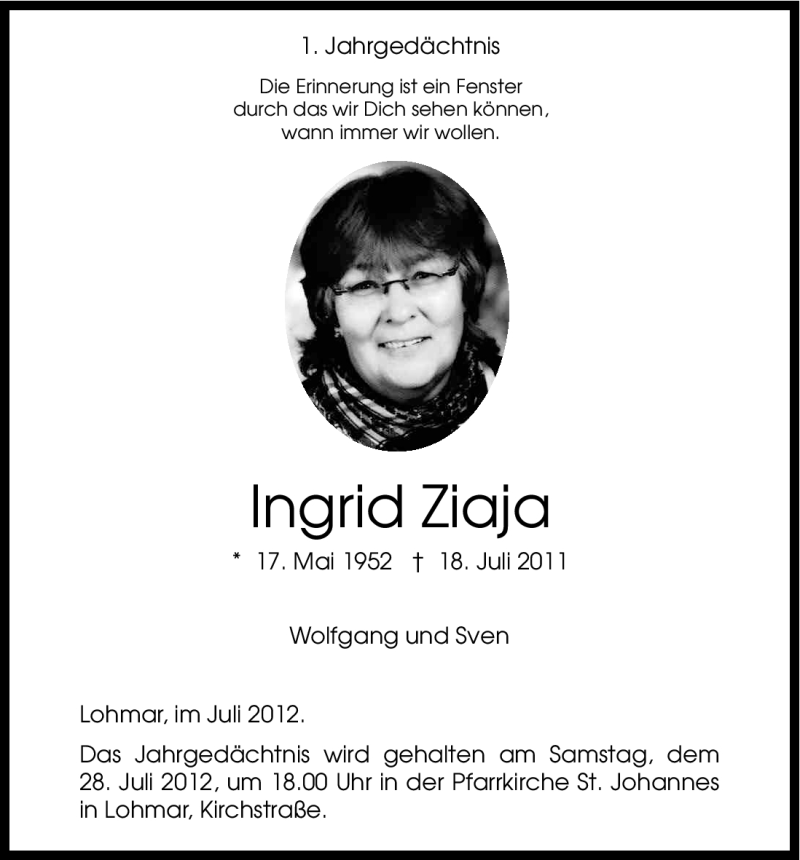 Traueranzeige für Ingrid Ziaja vom 18.07.2012 aus Kölner Stadt-Anzeiger / Kölnische Rundschau / Express