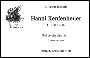 Anzeige von Hanni Kenfenheuer von Kölner Stadt-Anzeiger / Kölnische Rundschau / Express