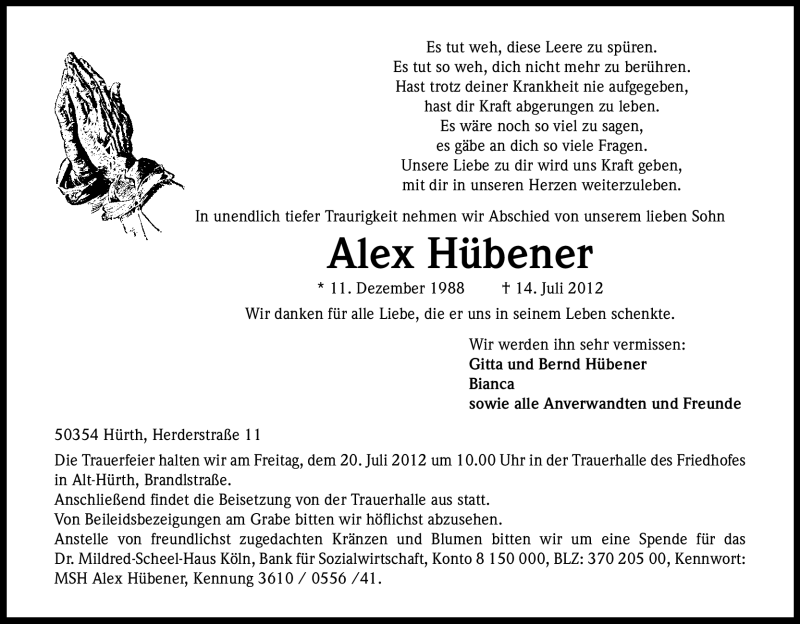  Traueranzeige für Alex Hübener vom 18.07.2012 aus Kölner Stadt-Anzeiger / Kölnische Rundschau / Express