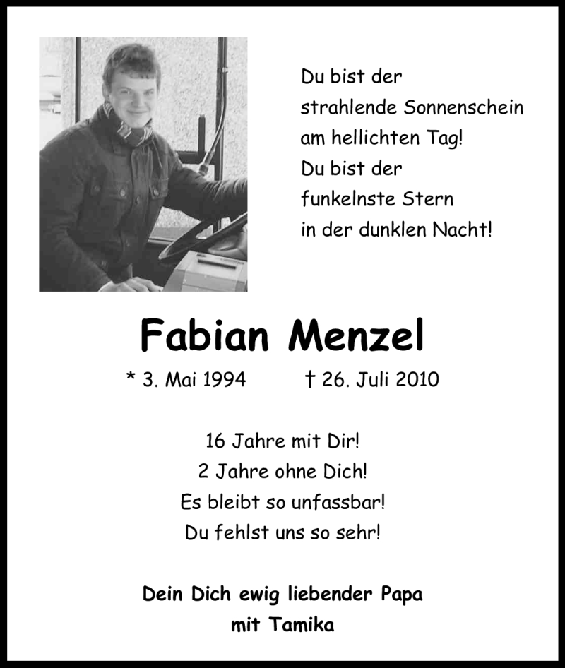  Traueranzeige für Fabian Menzel vom 26.07.2012 aus Kölner Stadt-Anzeiger / Kölnische Rundschau / Express