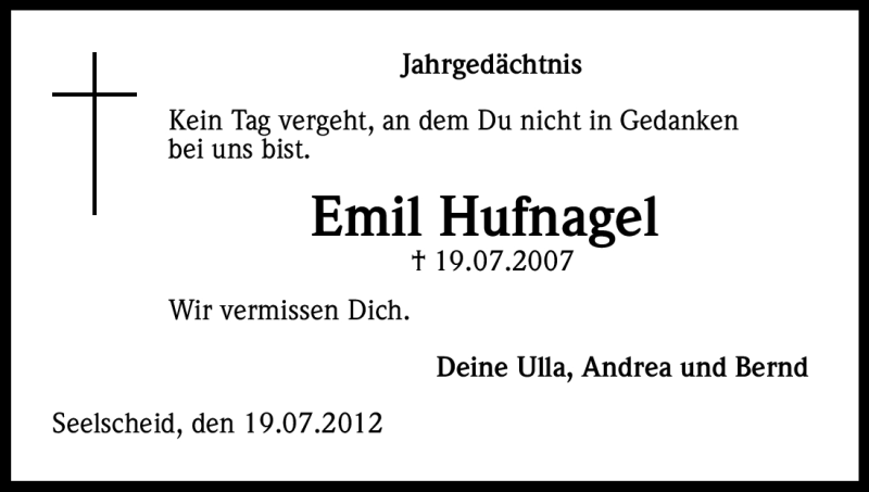  Traueranzeige für Emil Hufnagel vom 19.07.2012 aus Kölner Stadt-Anzeiger / Kölnische Rundschau / Express