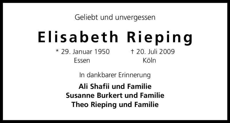  Traueranzeige für Elisabeth Rieping vom 20.07.2012 aus Kölner Stadt-Anzeiger / Kölnische Rundschau / Express