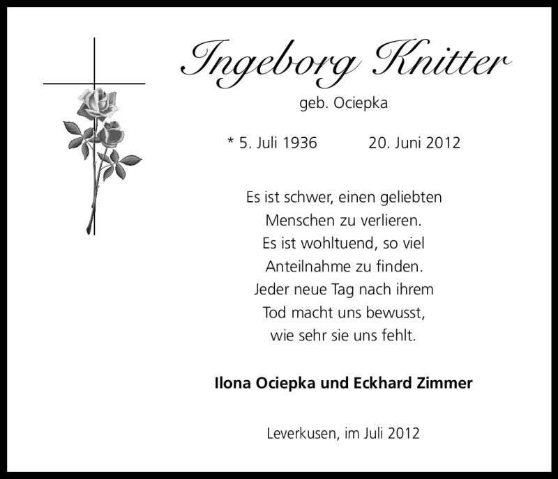  Traueranzeige für Ingeborg Knitter vom 21.07.2012 aus Kölner Stadt-Anzeiger / Kölnische Rundschau / Express