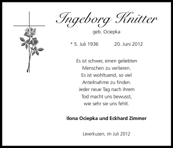 Anzeige von Ingeborg Knitter von Kölner Stadt-Anzeiger / Kölnische Rundschau / Express