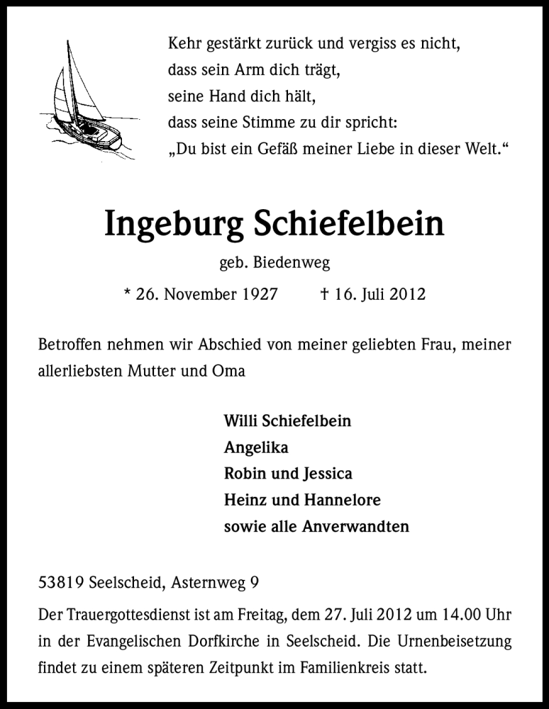  Traueranzeige für Ingeburg Schiefelbein vom 21.07.2012 aus Kölner Stadt-Anzeiger / Kölnische Rundschau / Express