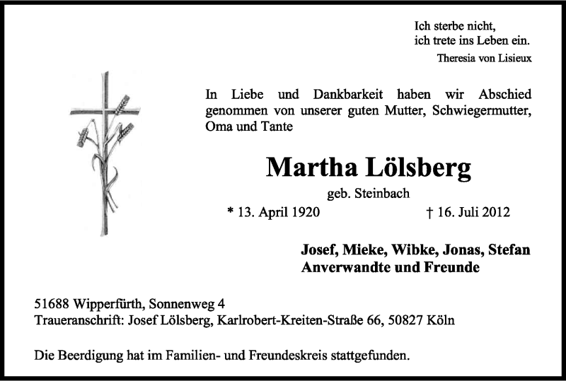  Traueranzeige für Martha Lölsberg vom 25.07.2012 aus Kölner Stadt-Anzeiger / Kölnische Rundschau / Express