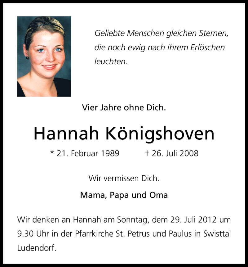  Traueranzeige für Hannah Königshoven vom 26.07.2012 aus Kölner Stadt-Anzeiger / Kölnische Rundschau / Express