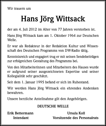 Anzeige von Hans Jörg Wittsack von Kölner Stadt-Anzeiger / Kölnische Rundschau / Express