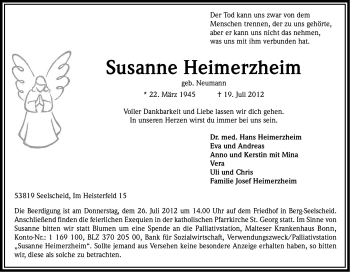 Anzeige von Susanne Heimerzheim von Kölner Stadt-Anzeiger / Kölnische Rundschau / Express