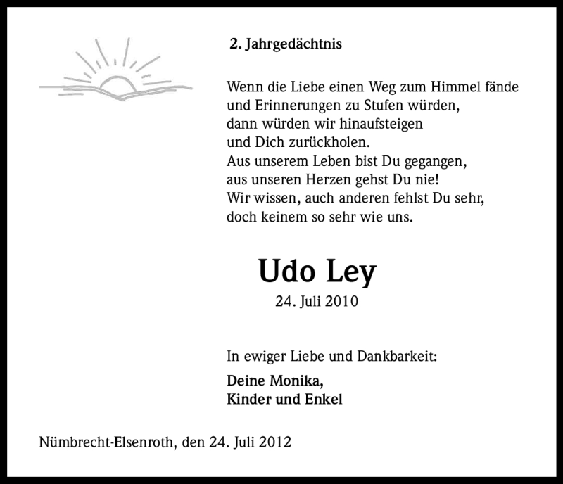  Traueranzeige für Udo Ley vom 24.07.2012 aus Kölner Stadt-Anzeiger / Kölnische Rundschau / Express